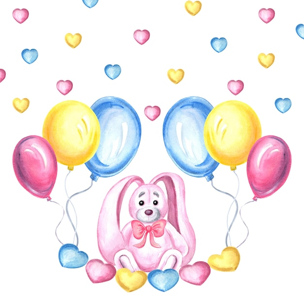 plantilla de tarjeta de acuarela de conejo rosa en lazo rojo con corazones guirnalda globos de colores
