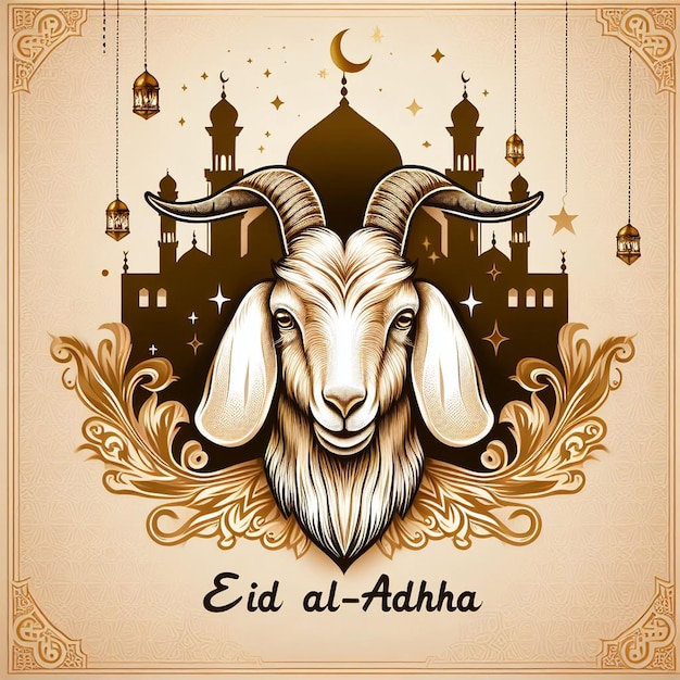 Una plantilla de tarjeta de Eid al adha con cabra