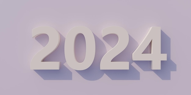 Plantilla de tarjeta de felicitación de feliz año nuevo 2024 Número blanco sobre fondo morado claro 3d render