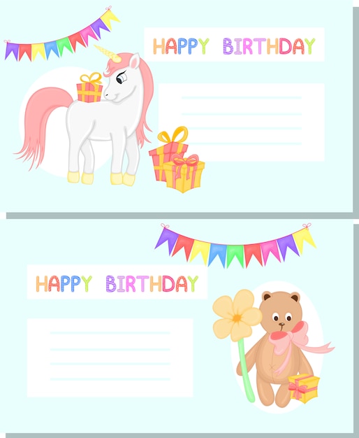 Plantilla para tarjeta de felicitación o invitación de cumpleaños en estilo de dibujos animados