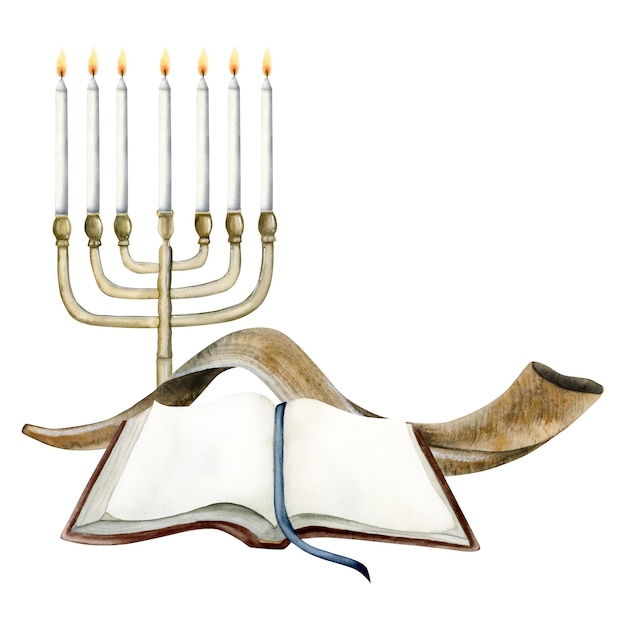 Foto plantilla de tarjeta de felicitación de yom kippur para rosh hashaná judío con ilustración de shofar de la menorá de la torá