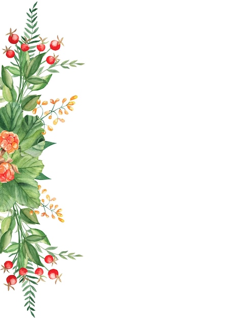 plantilla de tarjeta floral con hojas de naranja y bayas ramas verdes de helecho