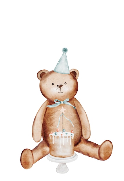 plantilla de tarjeta de invitación de acuarela con oso de peluche composición linda con un animal y un pastel en
