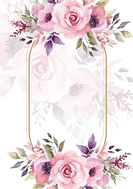 plantilla de tarjeta de invitación de boda en acuarela con decoración floral y de hojas rosas