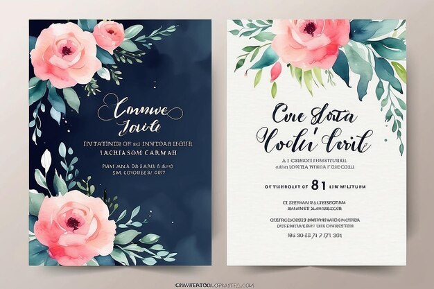 Foto plantilla de tarjeta de invitación de boda de acuarela romántica