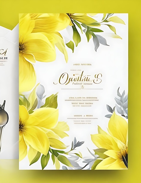 Plantilla de tarjeta de invitación de boda floral colorida en diseño inteligente amarillo con tamaño A4
