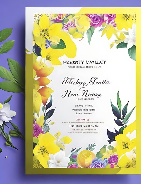 Foto plantilla de tarjeta de invitación de boda floral colorida en diseño inteligente amarillo con tamaño a4