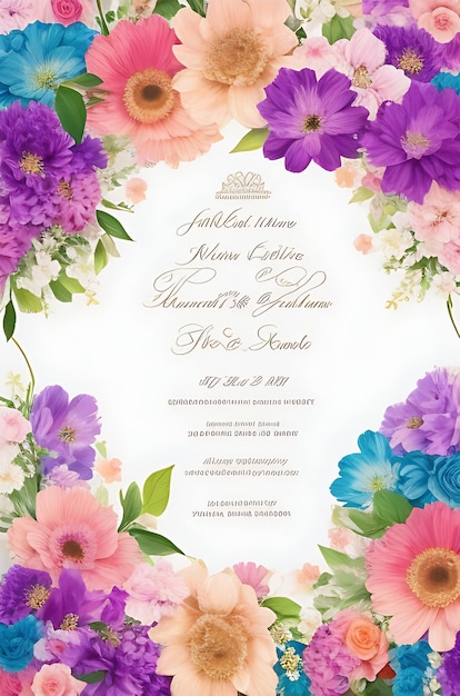 Foto plantilla de tarjeta de invitación de boda floral colorida diseño inteligente con fondo blanco tamaño a4 8k hd