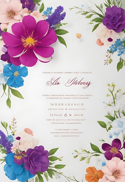 Foto plantilla de tarjeta de invitación de boda floral colorida diseño inteligente con fondo blanco tamaño a4 8k hd