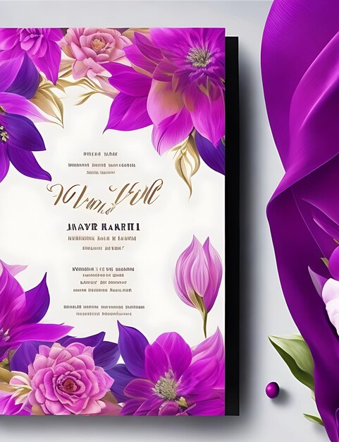 Plantilla de tarjeta de invitación de boda floral colorida en diseño inteligente magenta con tamaño A4