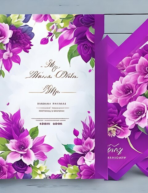 Plantilla de tarjeta de invitación de boda floral colorida en diseño inteligente magenta con tamaño A4