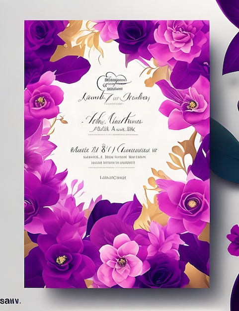 Plantilla de tarjeta de invitación de boda floral colorida en diseño inteligente magenta con tamaño A4