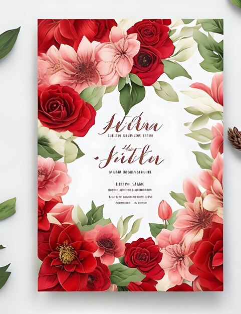 Foto plantilla de tarjeta de invitación de boda floral colorida en diseño inteligente rojo con tamaño a4