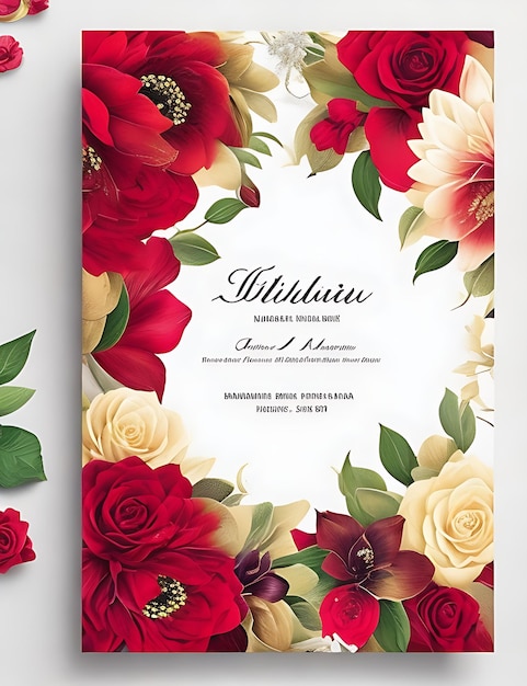 Foto plantilla de tarjeta de invitación de boda floral colorida en diseño inteligente rojo con tamaño a4