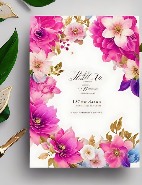 Foto plantilla de tarjeta de invitación de boda floral colorida en diseño inteligente rosa con tamaño a4