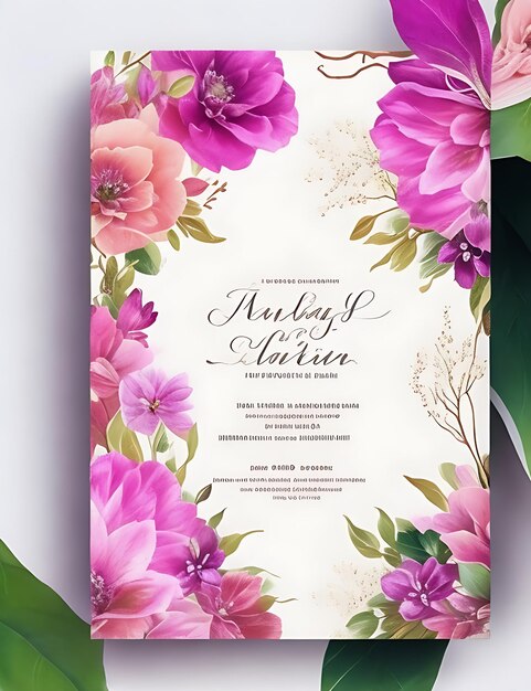 Foto plantilla de tarjeta de invitación de boda floral colorida en diseño inteligente rosa con tamaño a4