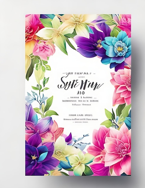 Foto plantilla de tarjeta de invitación de boda floral colorida diseño inteligente con tamaño a4 y calidad hd 8k