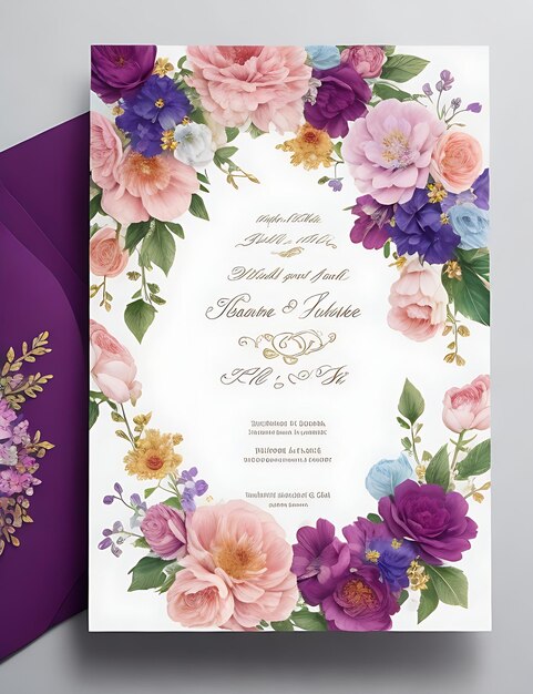 Foto plantilla de tarjeta de invitación de boda floral colorida diseño inteligente con tamaño a4 y calidad hd 8k