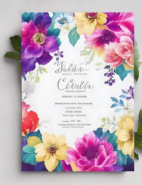 Foto plantilla de tarjeta de invitación de boda floral colorida diseño inteligente con tamaño a4 y calidad hd 8k