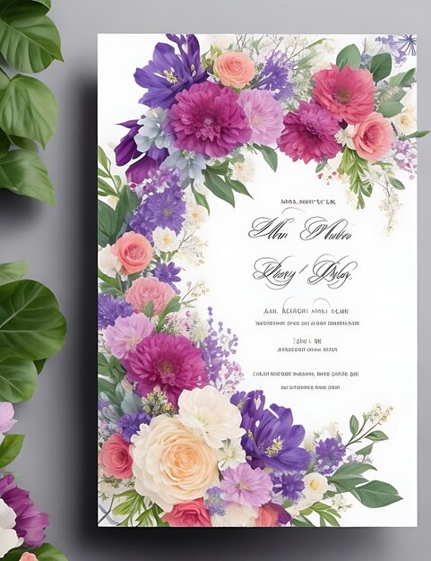 Plantilla de tarjeta de invitación de boda floral colorida Diseño inteligente con tamaño A4 y calidad HD 8K