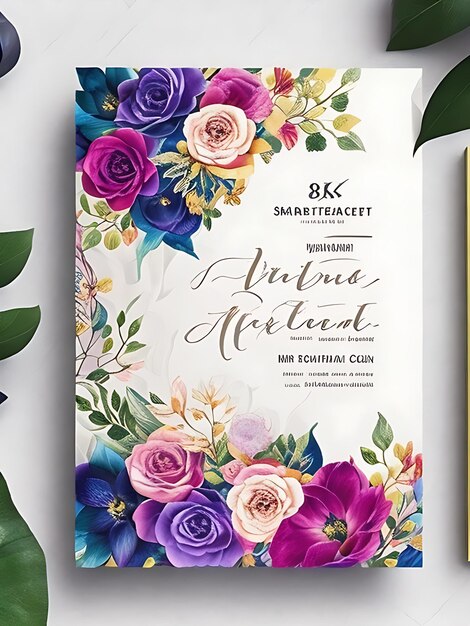 Foto plantilla de tarjeta de invitación de boda floral colorida diseño inteligente con tamaño a4 y calidad hd 8k
