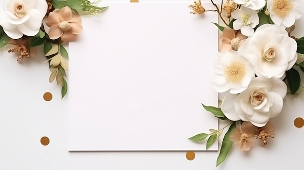 plantilla de tarjeta de invitación de boda vista superior tarjeta de papel en blanco cinta anillos de oro flores en blanco