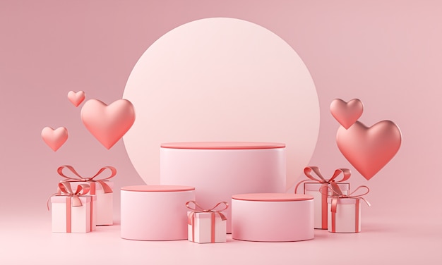 Plantilla de tres etapas Valentine Wedding Love Forma de corazón y caja de regalo Representación 3D