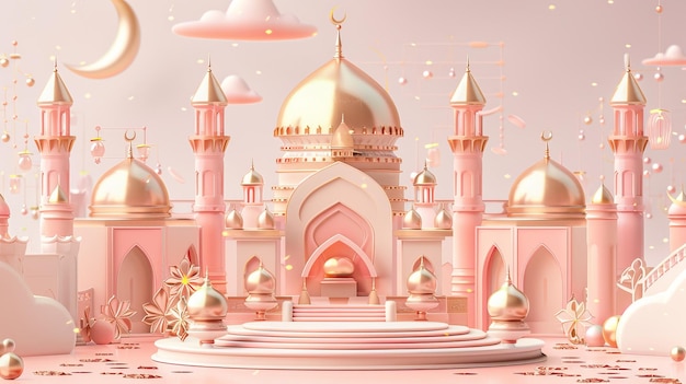 plantilla de vacaciones de Eid Mubarak en oro rosa visualización 3D en el podio con decoraciones alrededor de la mezquita y el fondo de la luna creciente