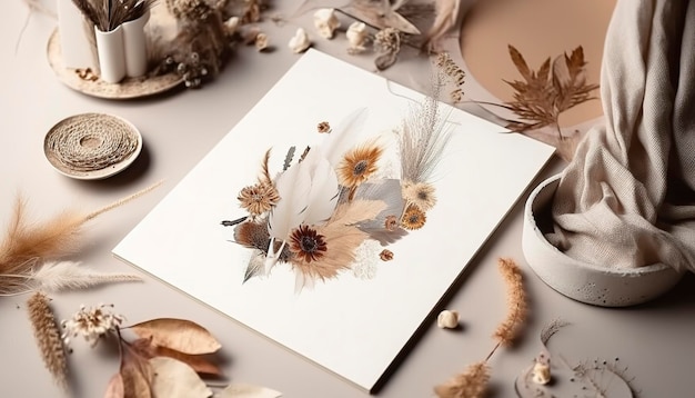 Plantilla vacía en maqueta de tarjetas de felicitación de estilo boho o tarjetas de boda con flores secas Imagen generada por IA