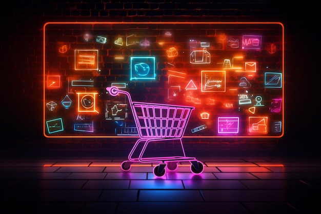 La plantilla vectorial de compras en línea brilla con elementos de neón que modernizan la estética minorista digital