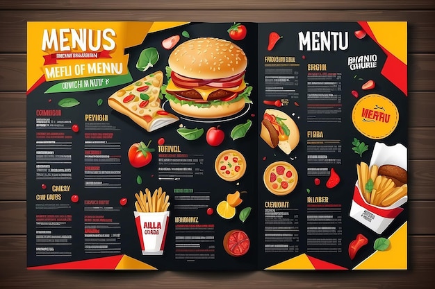 plantilla vectorial de diseño de folleto de menú de comida rápida en tamaño A4 volante pancarta y diseño concepto de comida