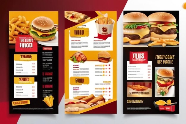 Foto plantilla vectorial de diseño de folleto de menú de comida rápida en tamaño a4 volante pancarta y diseño concepto de comida