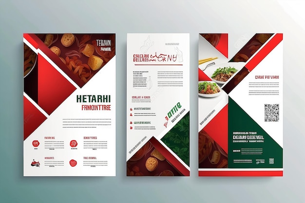 Plantilla vectorial de diseño de folleto de panfleto de entrega de alimentos en tamaño A4 Comida saludable