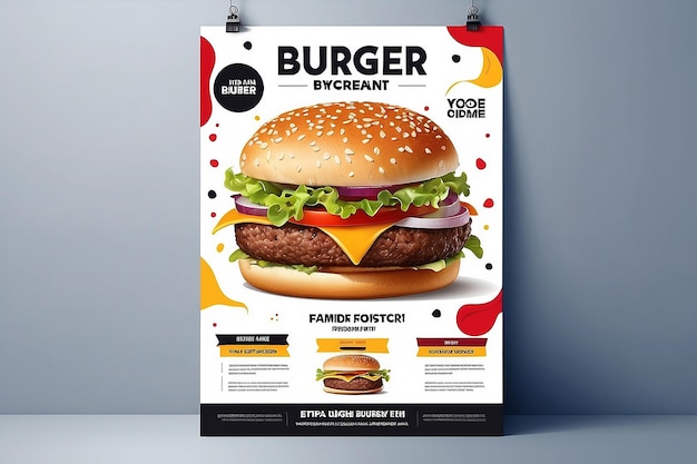 Foto plantilla vectorial de diseño de volante de hamburguesa en tamaño a4 folleto y diseño concepto de alimentos de diseño