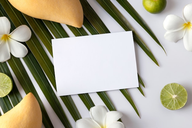 Plantilla de verano con tarjeta de felicitación, frutas, hojas de palmeras tropicales y flores sobre fondo blanco.