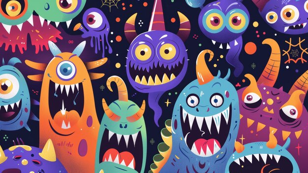 Plantillas de carteles de dibujos animados para un evento infantil de Halloween con extraños extraños animales o criaturas