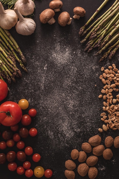 Plantillas de cocina con alimentos crudos y verduras.