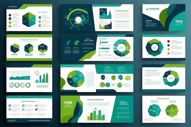 Foto plantillas de diapositivas de presentación de resúmenes azules y verdes set de plantillas de elementos infográficos para el folleto del informe anual en la web