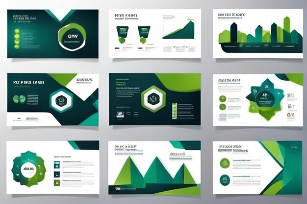 Foto plantillas de diapositivas de presentación de resúmenes azules y verdes set de plantillas de elementos infográficos para el folleto del informe anual en la web