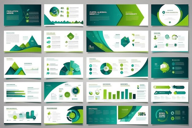 Plantillas de diapositivas de presentación de resúmenes azules y verdes Set de plantillas de elementos infográficos para el folleto del informe anual en la web