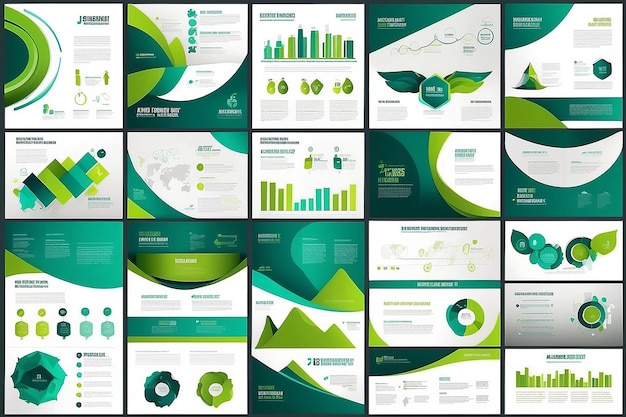 Plantillas de diapositivas de presentación de resúmenes azules y verdes Set de plantillas de elementos infográficos para el folleto del informe anual en la web