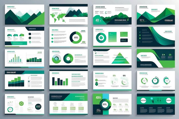 Foto plantillas de diapositivas de presentación de resúmenes azules y verdes set de plantillas de elementos infográficos para el folleto del informe anual en la web