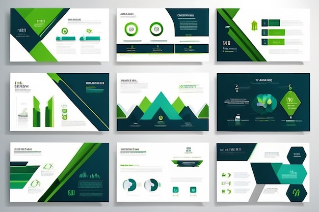 Foto plantillas de diapositivas de presentación de resúmenes azules y verdes set de plantillas de elementos infográficos para el folleto del informe anual en la web