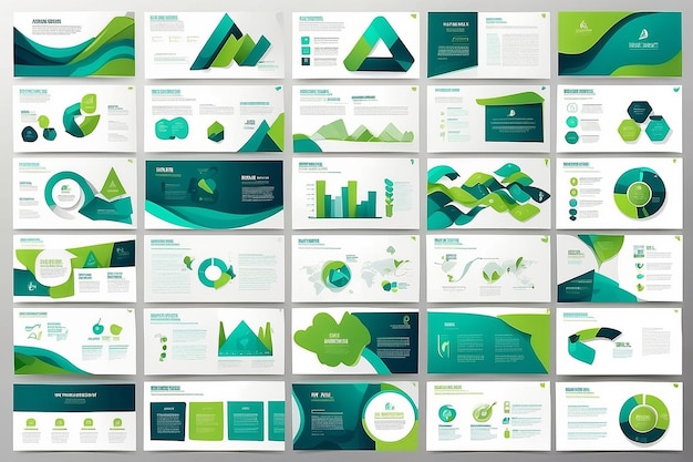 Plantillas de diapositivas de presentación de resúmenes azules y verdes Set de plantillas de elementos infográficos para el folleto del informe anual en la web