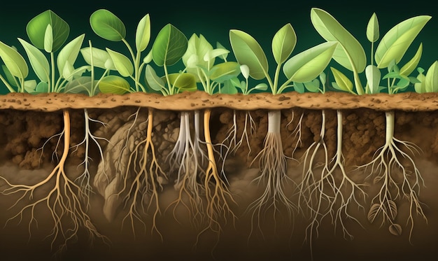 Plantillas en sección transversal del suelo que muestran raíces