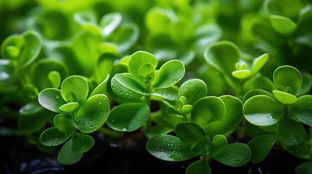 Foto plantillas verdes en ollas de plástico con gotas de agua