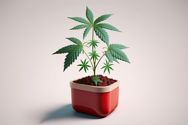 Una plántula de cannabis cultivada en un contenedor Los cotiledones y las primeras hojas genuinas