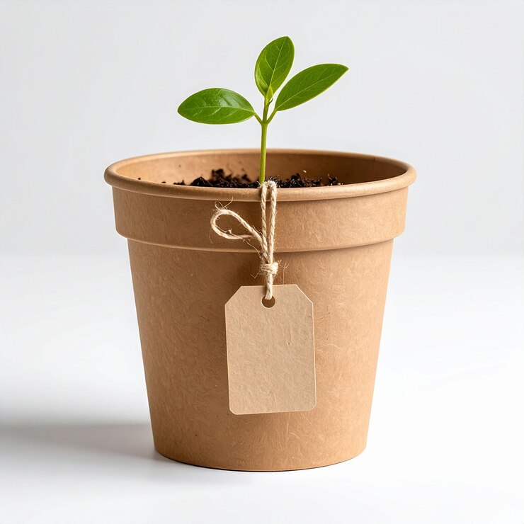 Las plántulas crecen en una olla de papel con una etiqueta