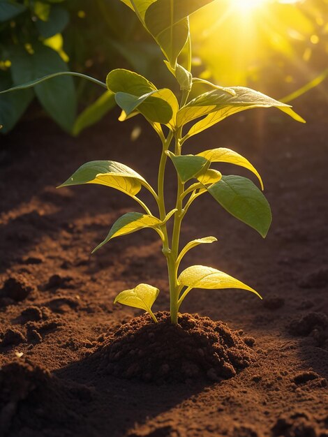 Foto las plántulas crecen en un suelo fértil y el sol de la mañana brilla ecología y equilibrio ecológico