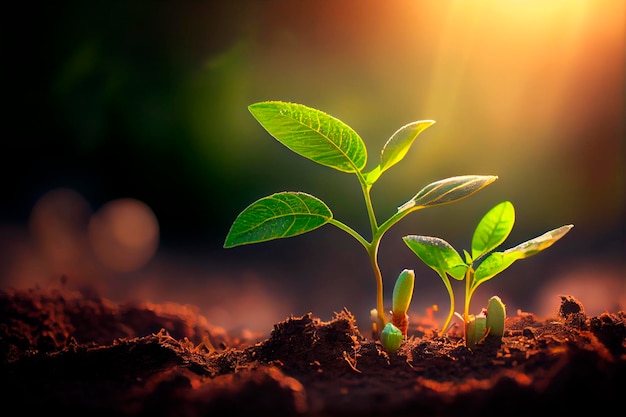 Plántulas jóvenes a la luz de la mañana en el fondo de la naturaleza